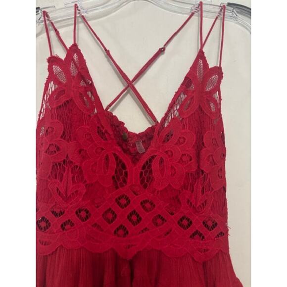 Free People FP Adella Cami Red Crochet Small Strappy Smocked Tiered - Picture 5 of 6